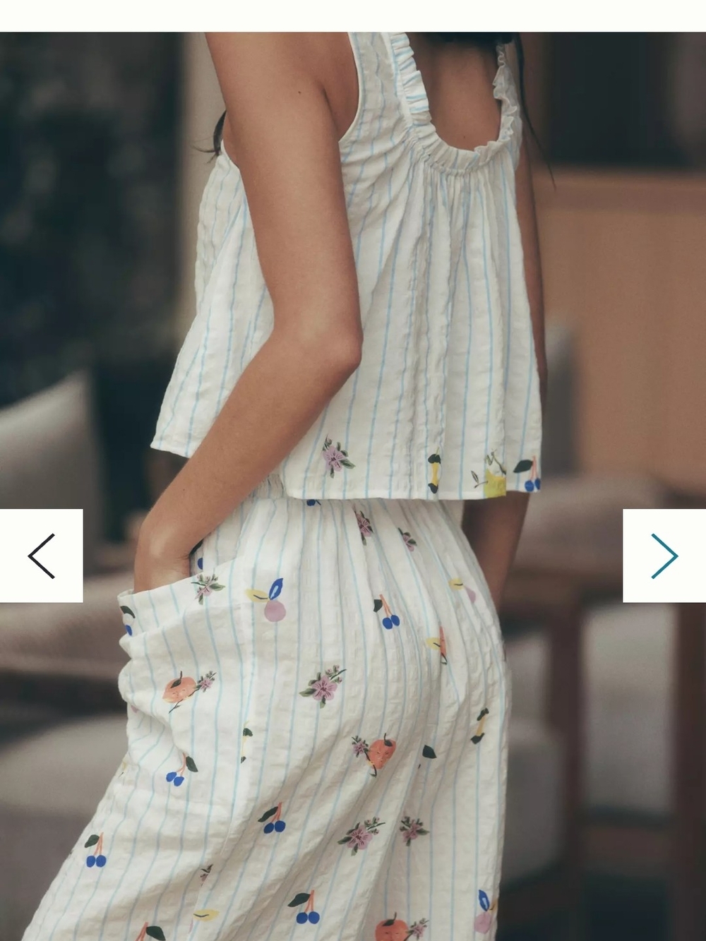 Anthropologie LyreBird Cream and Light Blue Striped Floral Fruit Pajama Pants